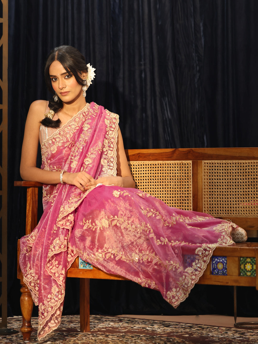 Libas Mauve Floral Embroidered Net Saree
