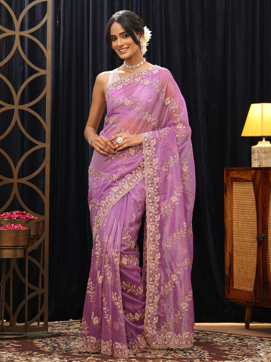Libas Purple Floral Embroidered Net Saree