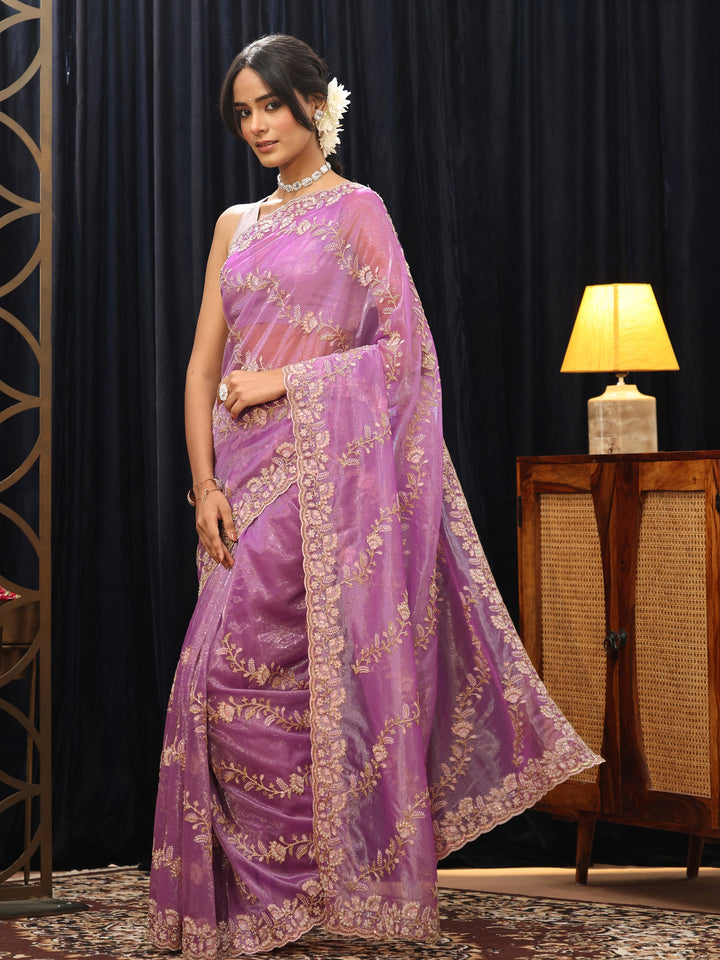 Libas Purple Floral Embroidered Net Saree
