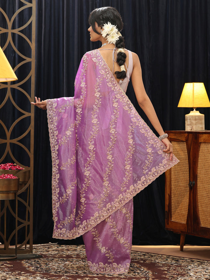 Libas Purple Floral Embroidered Net Saree