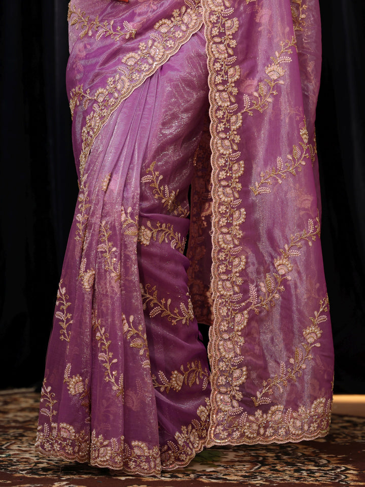 Libas Purple Floral Embroidered Net Saree