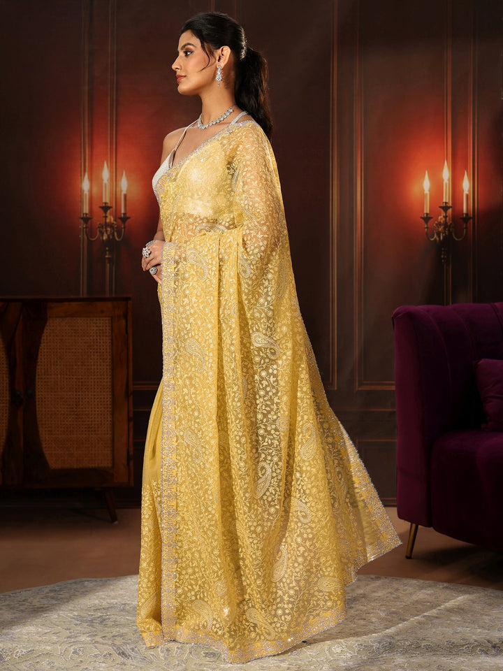 Libas Art Sunshine Yellow Floral Embroidered Chiffon Saree
