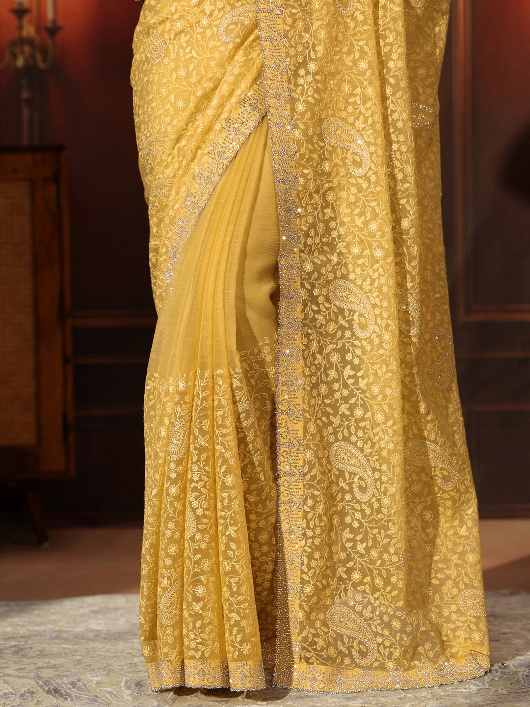 Libas Art Sunshine Yellow Floral Embroidered Chiffon Saree