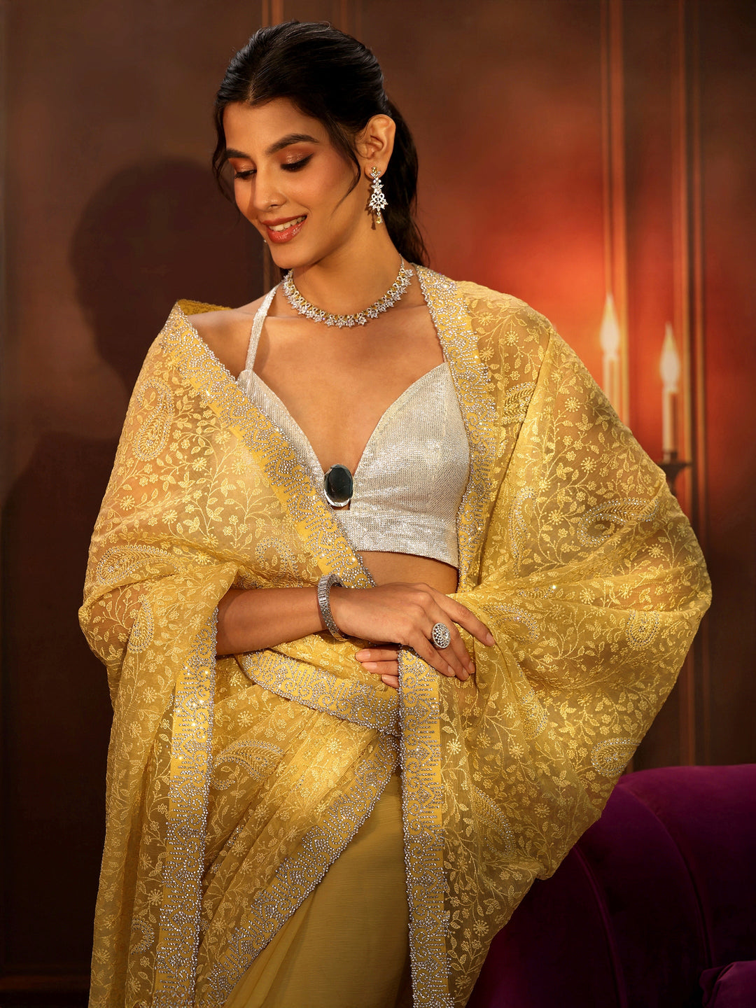 Libas Art Sunshine Yellow Floral Embroidered Chiffon Saree