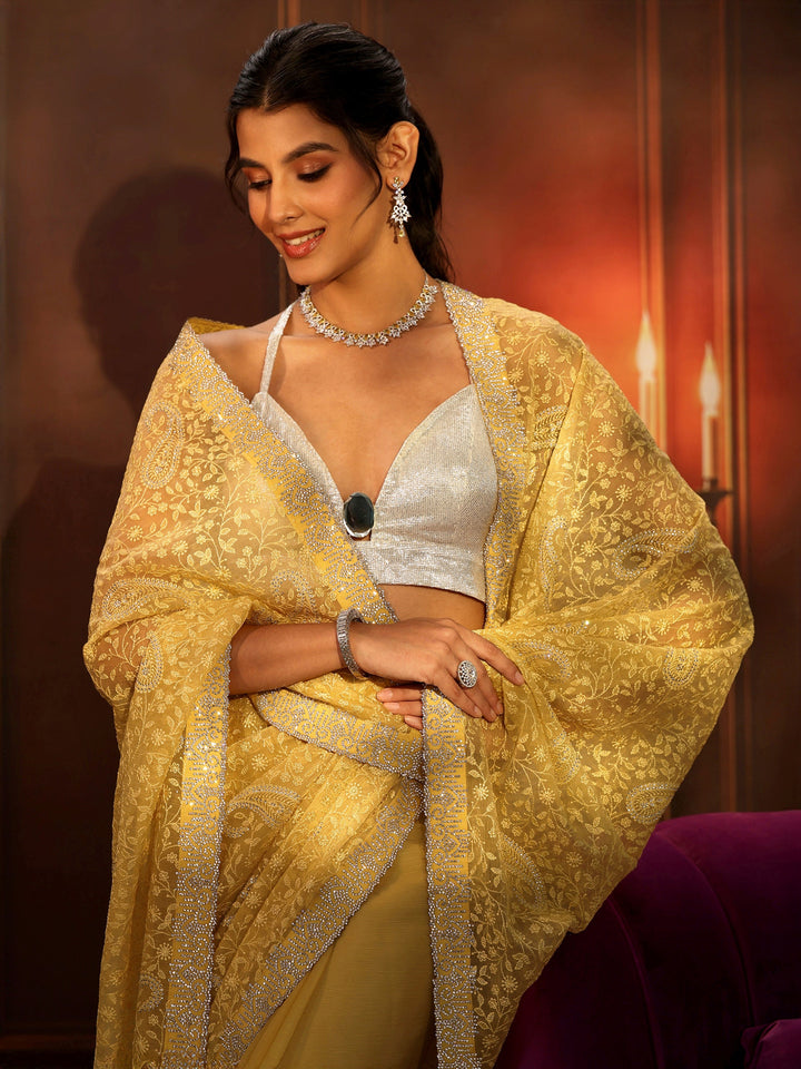 Libas Art Sunshine Yellow Floral Embroidered Chiffon Saree