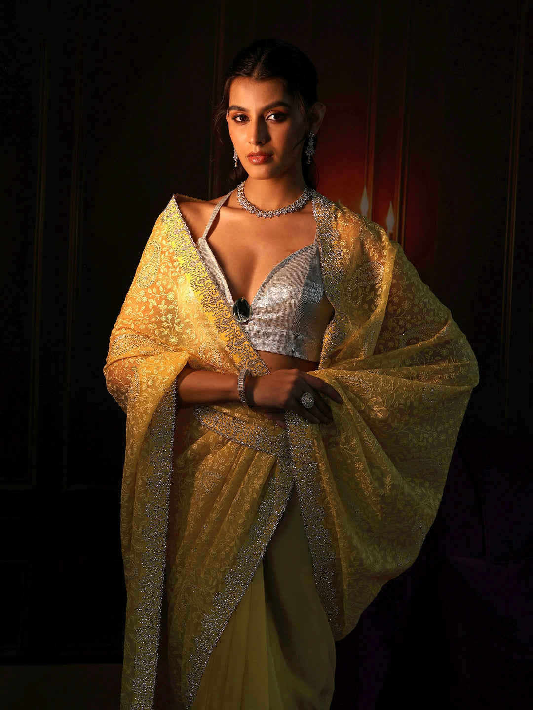 Libas Art Sunshine Yellow Floral Embroidered Chiffon Saree