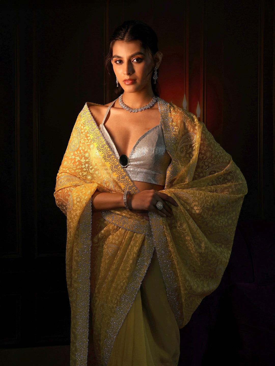 Libas Art Sunshine Yellow Floral Embroidered Chiffon Saree