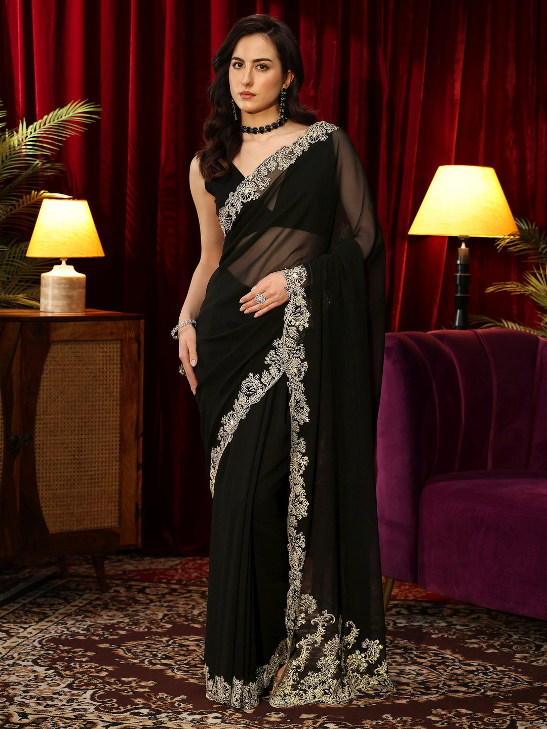 Libas Black Georgette Saree with Embroidered Border