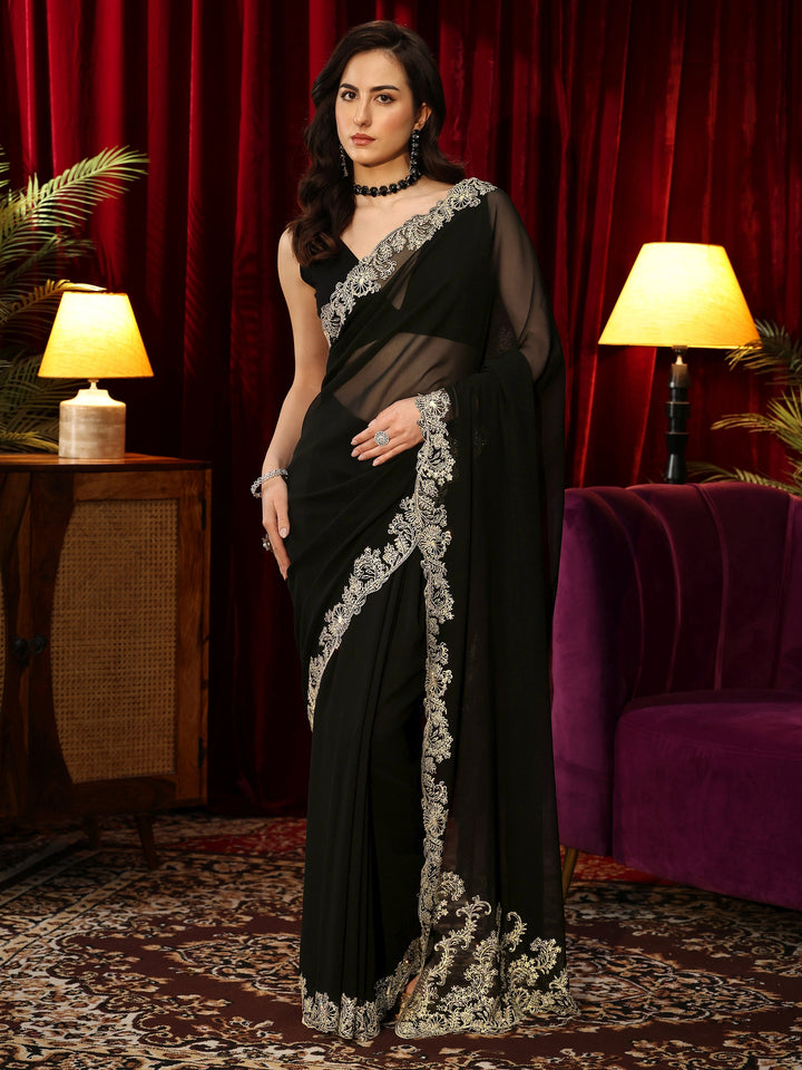 Libas Black Georgette Saree with Embroidered Border