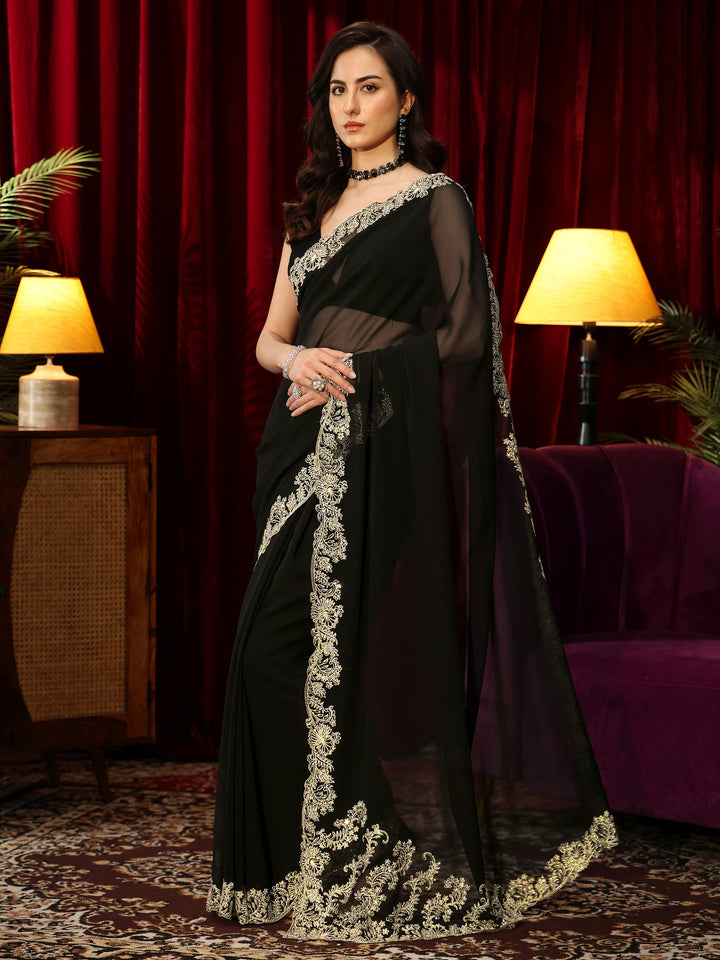 Libas Black Georgette Saree with Embroidered Border