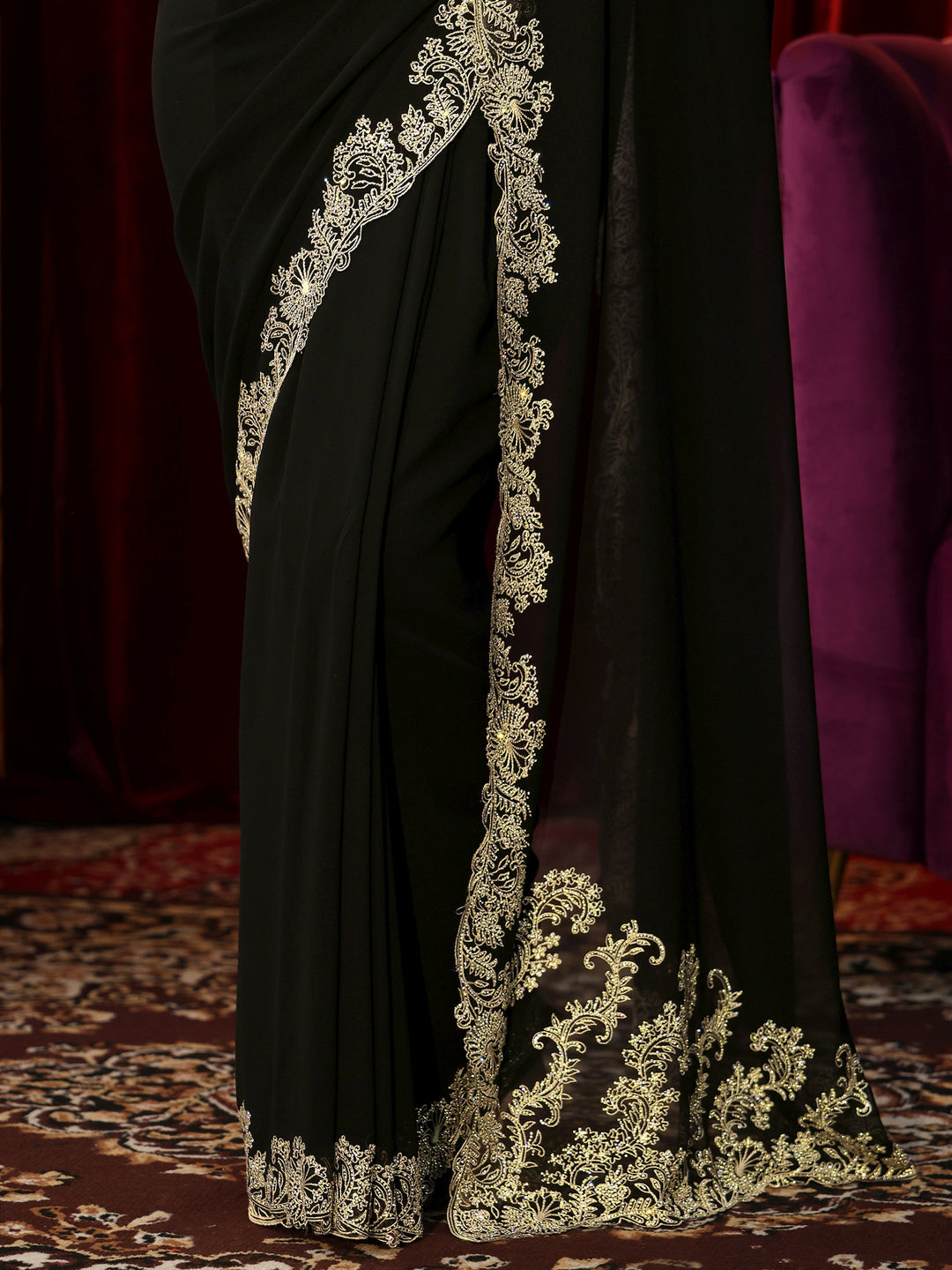 Libas Black Georgette Saree with Embroidered Border