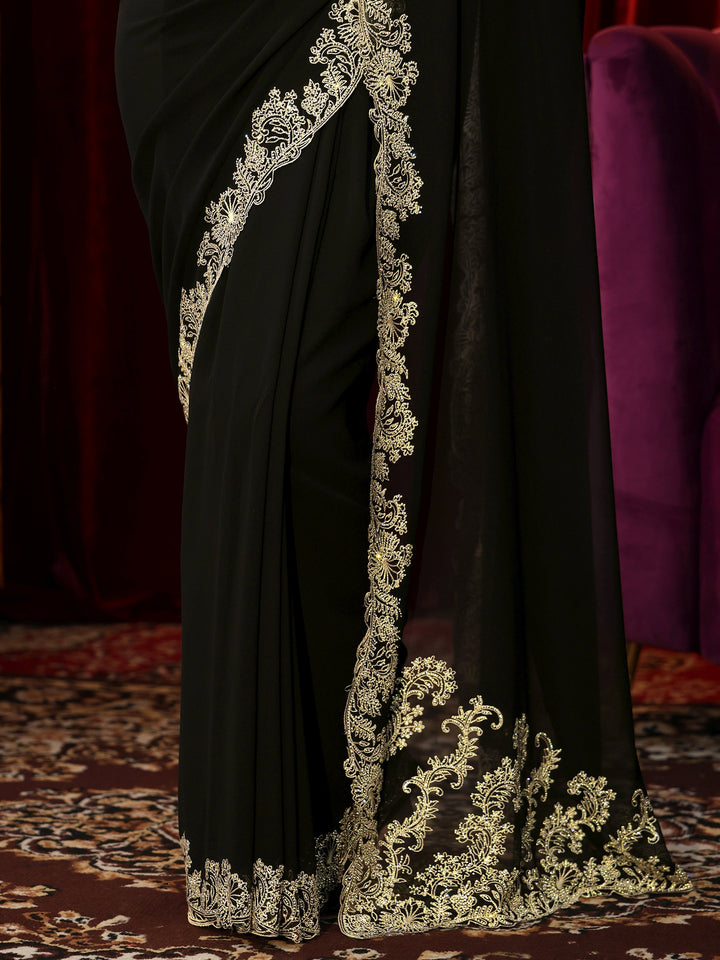 Libas Black Georgette Saree with Embroidered Border