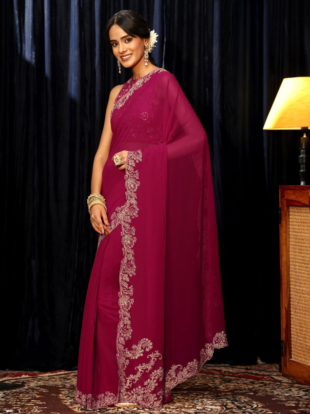 Libas Rani Pink Georgette Saree with Embroidered Border