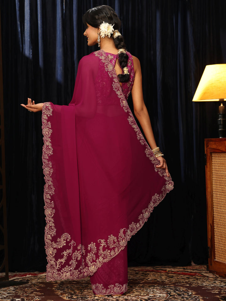 Libas Rani Pink Georgette Saree with Embroidered Border