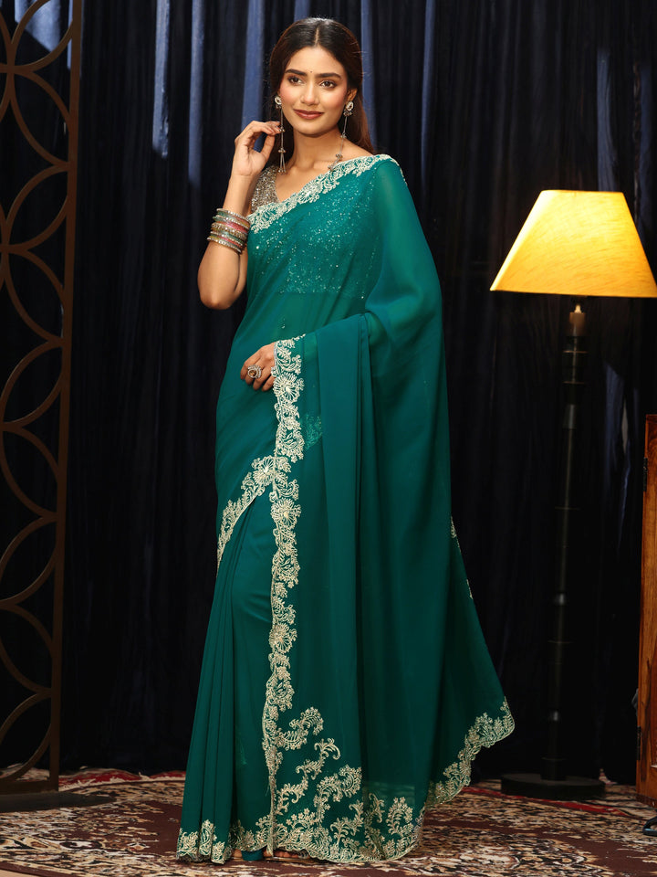 Libas Teal Green Georgette Saree with Embroidered Border