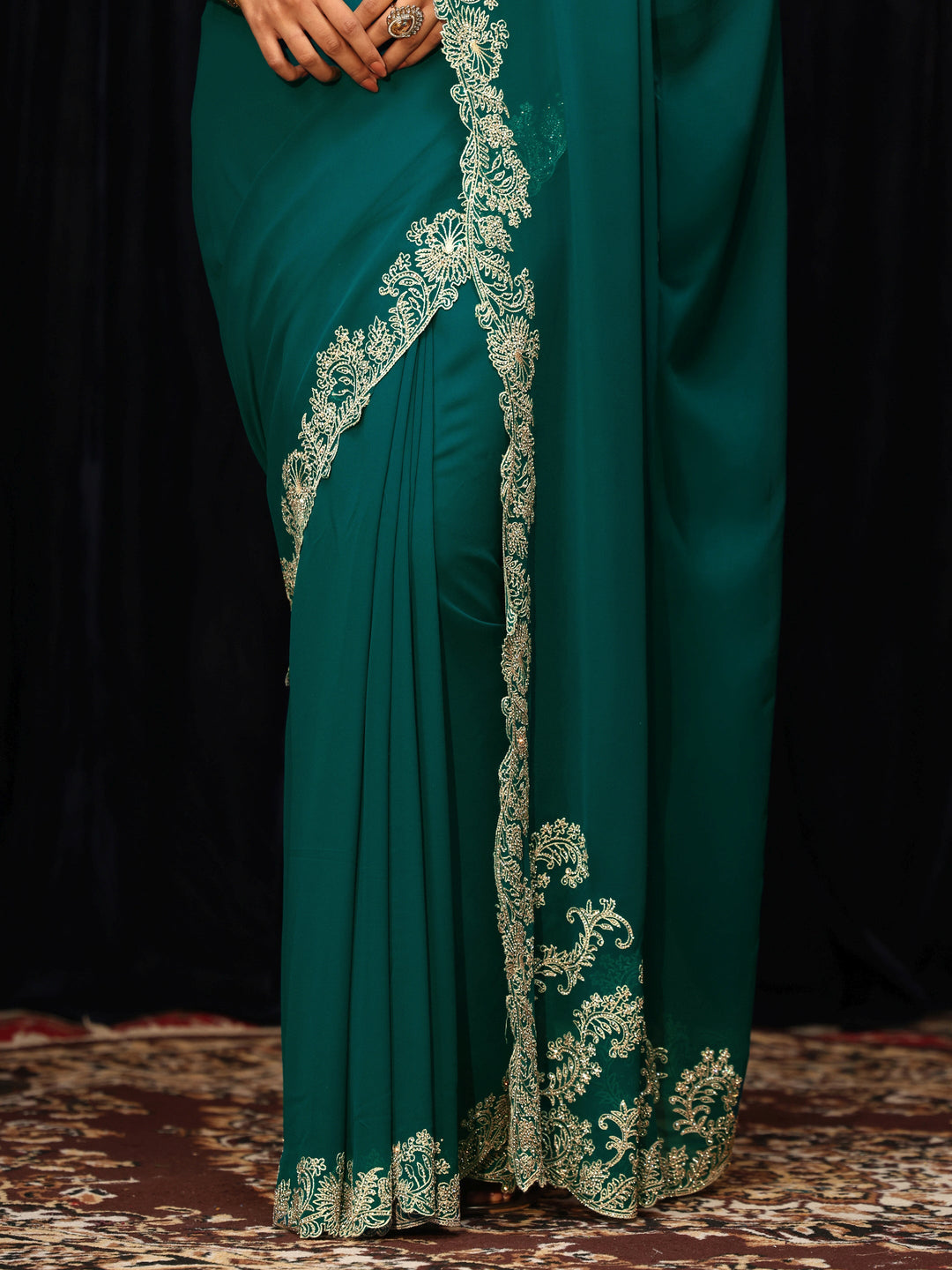 Libas Teal Green Georgette Saree with Embroidered Border