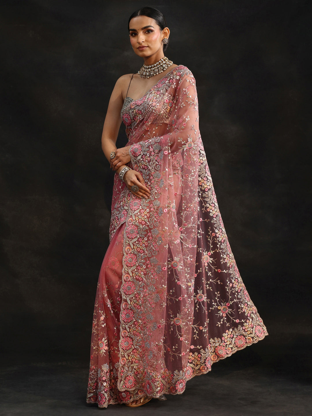 Libas Art Peach Pink Floral Embellished Net Saree