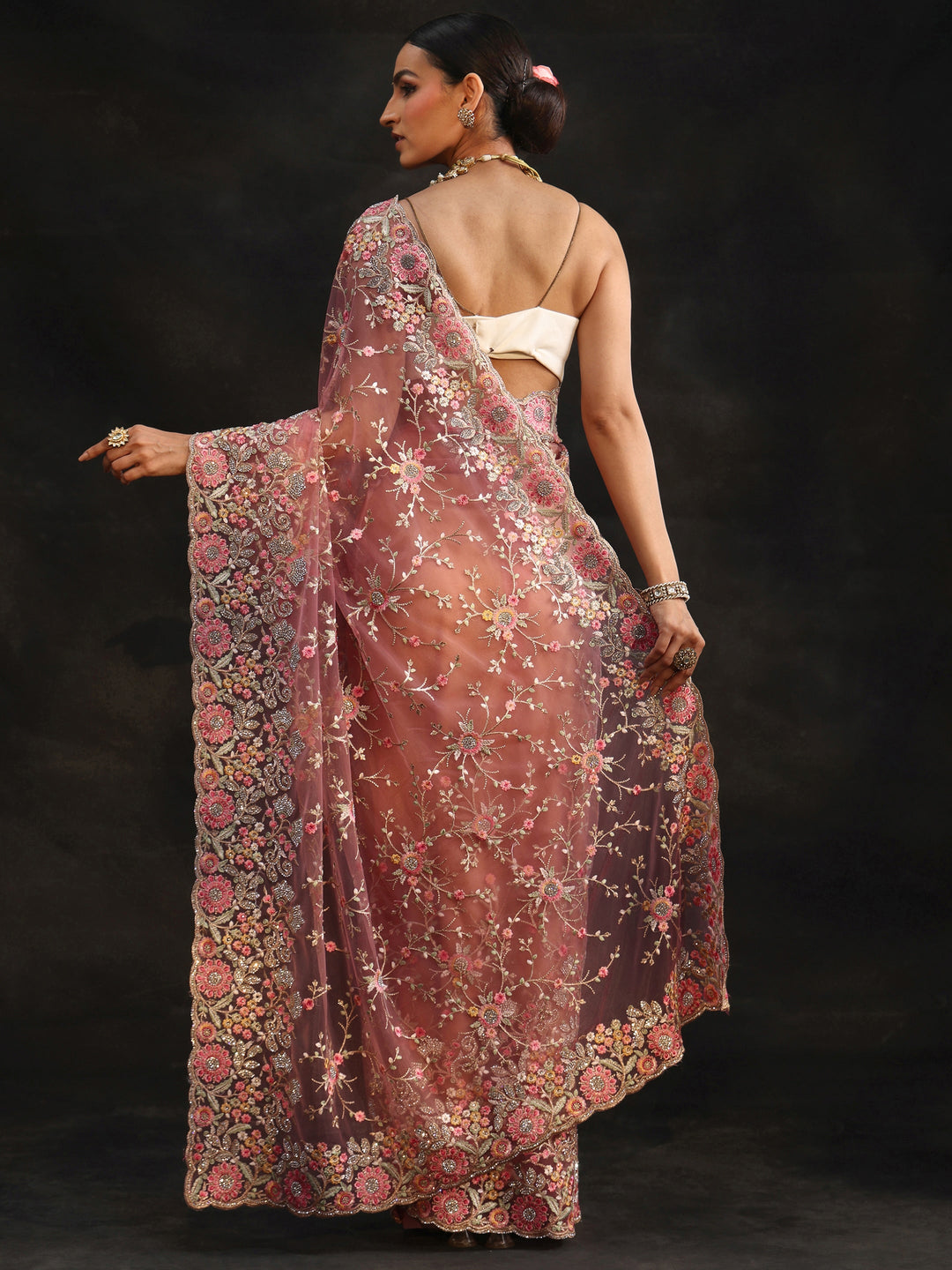 Libas Art Peach Pink Floral Embellished Net Saree
