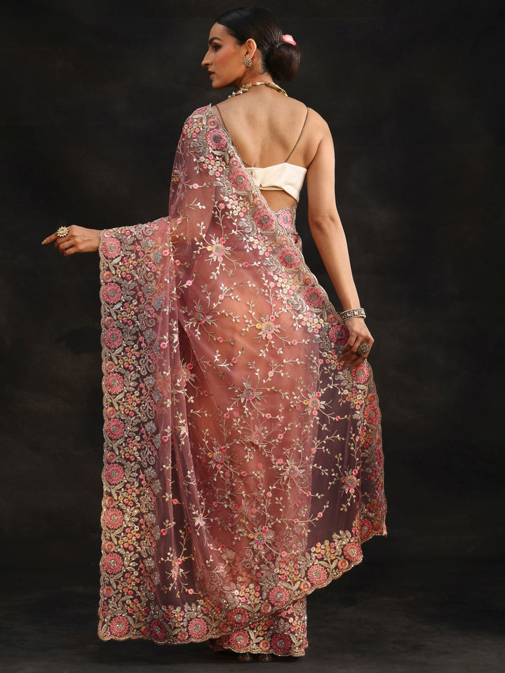 Libas Art Peach Pink Floral Embellished Net Saree