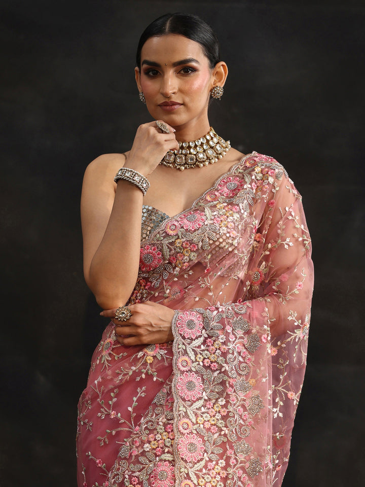 Libas Art Peach Pink Floral Embellished Net Saree