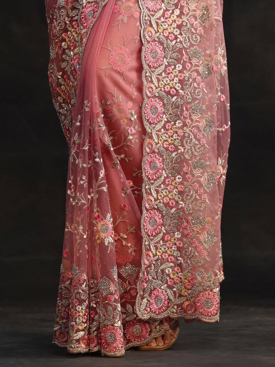 Libas Art Peach Pink Floral Embellished Net Saree