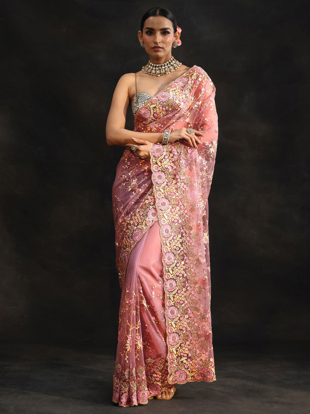 Libas Art Mauve Floral Embellished Net Saree