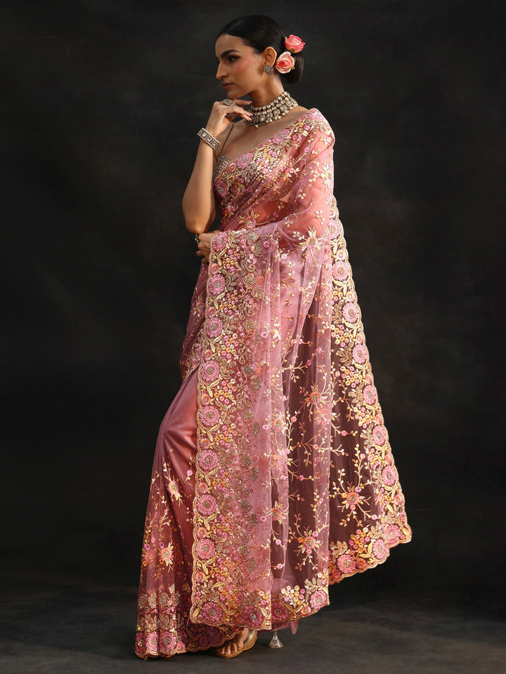Libas Art Mauve Floral Embellished Net Saree