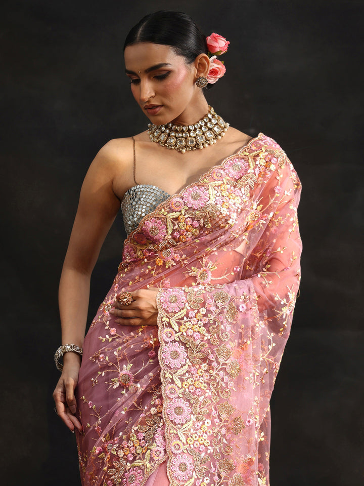 Libas Art Mauve Floral Embellished Net Saree
