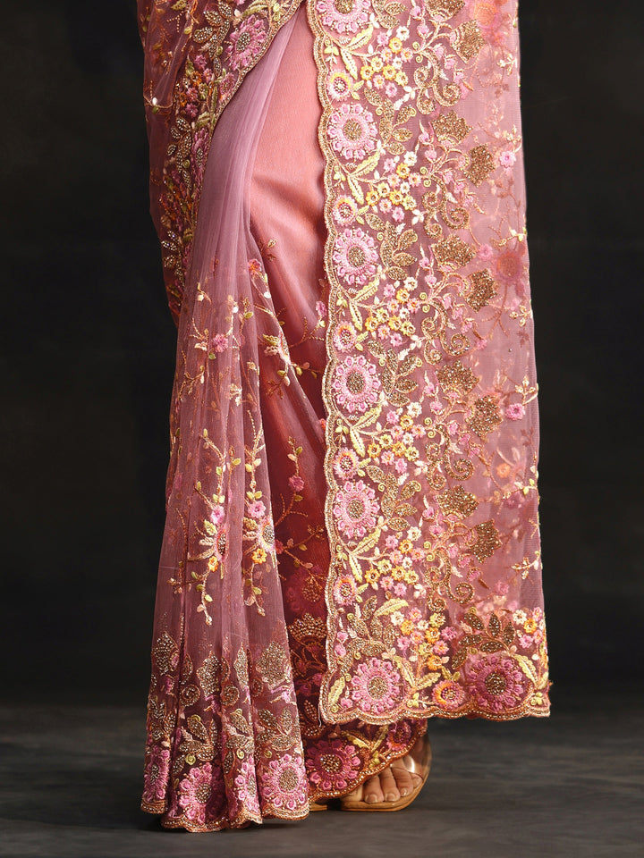 Libas Art Mauve Floral Embellished Net Saree