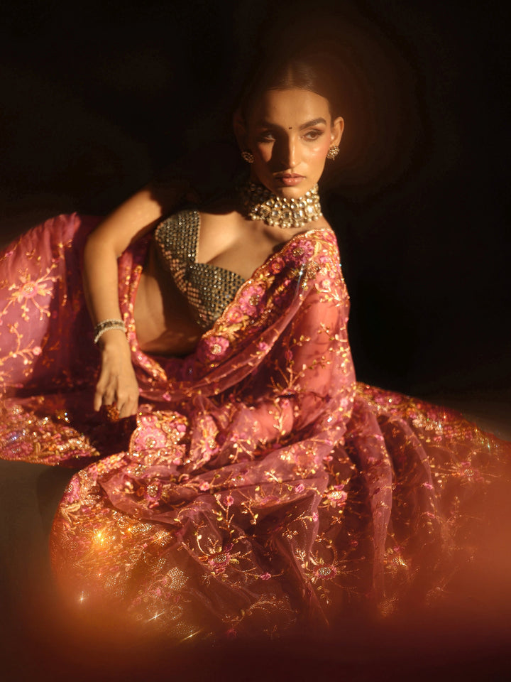 Libas Art Mauve Floral Embellished Net Saree