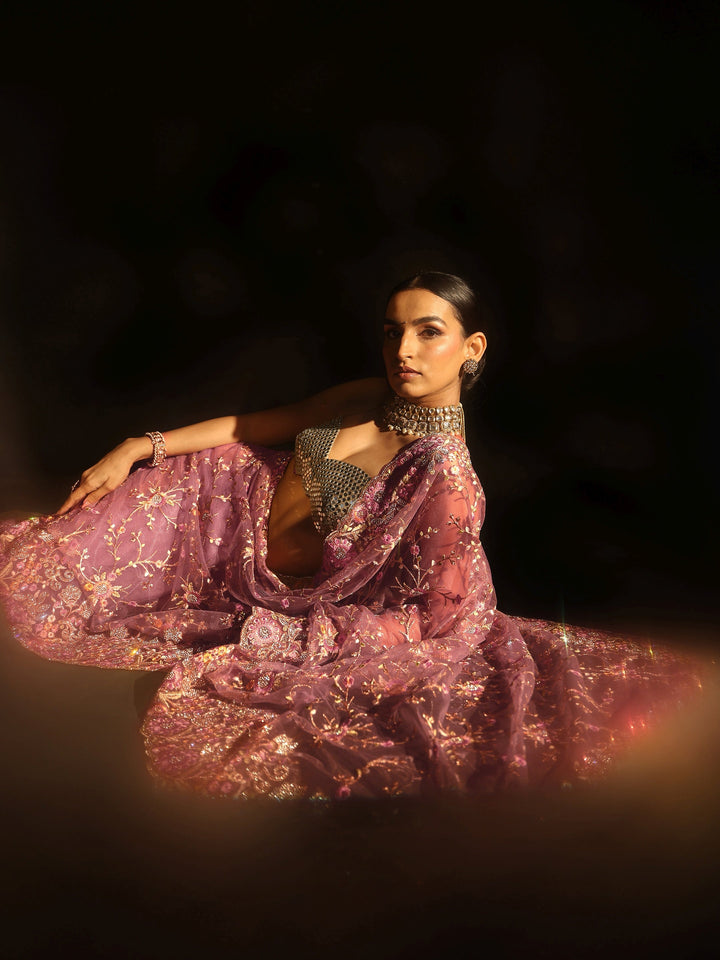 Libas Art Mauve Floral Embellished Net Saree
