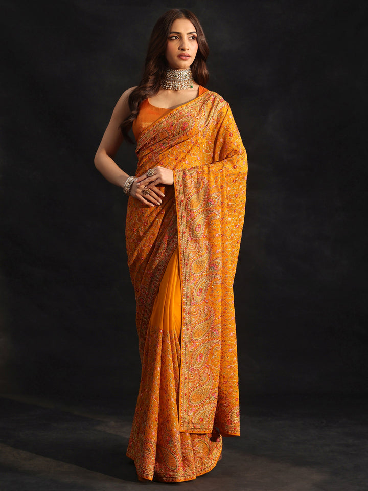 Libas Art Mustard Paisley Embroidered Georgette Saree