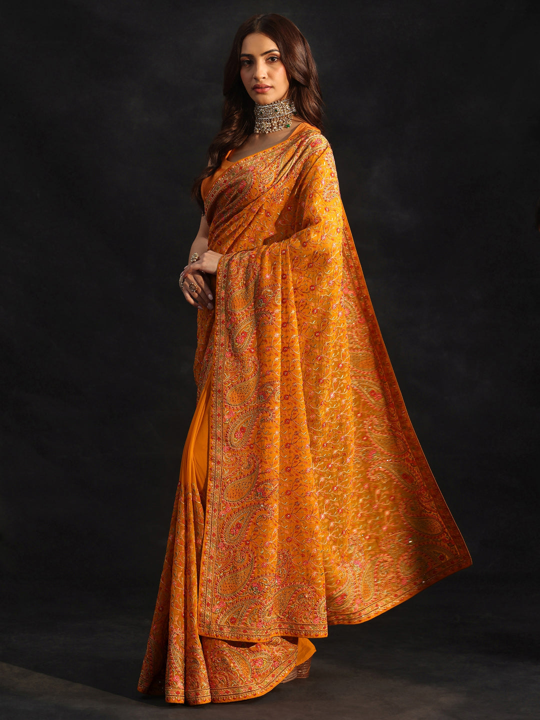Libas Art Mustard Paisley Embroidered Georgette Saree