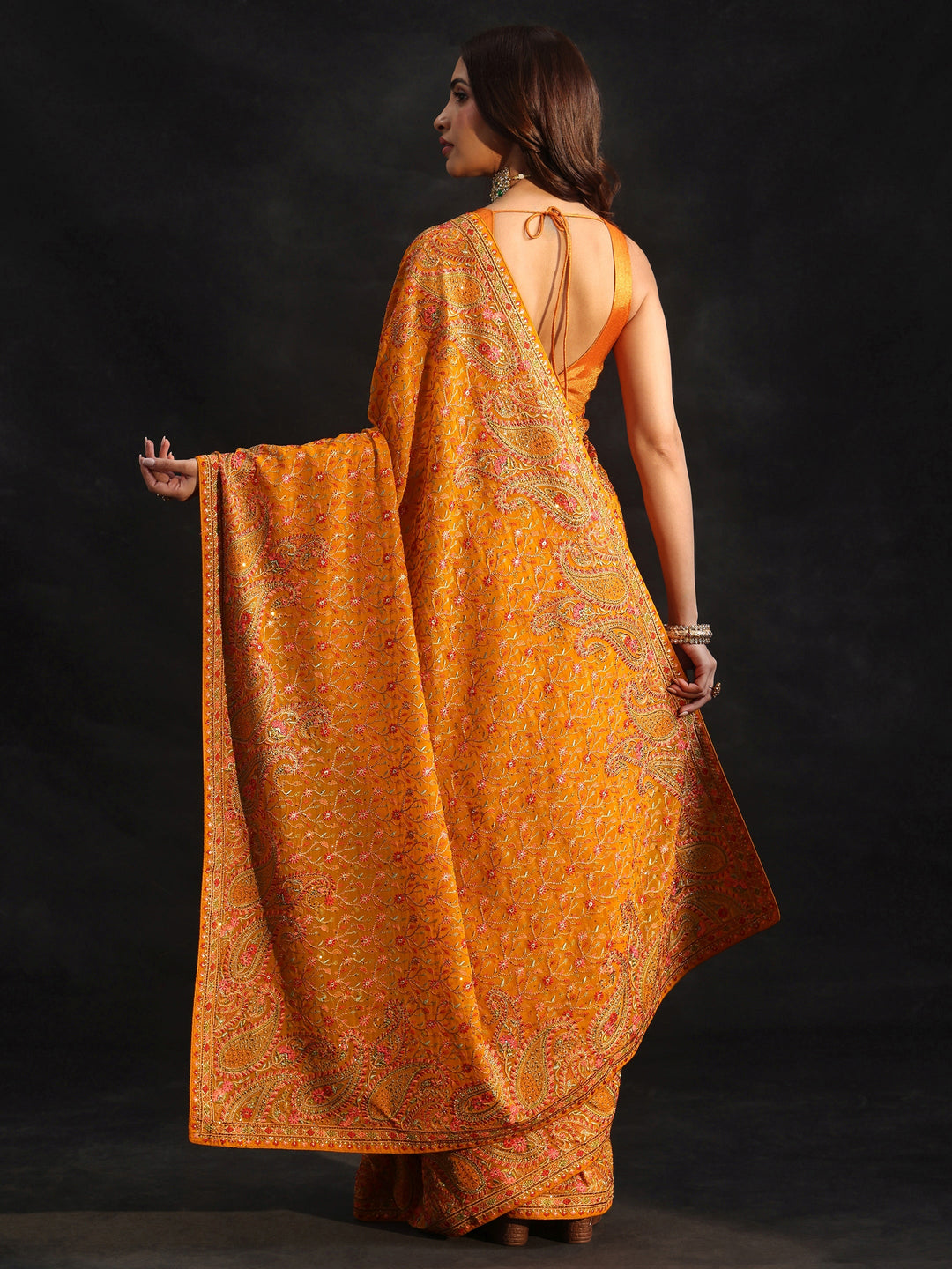 Libas Art Mustard Paisley Embroidered Georgette Saree