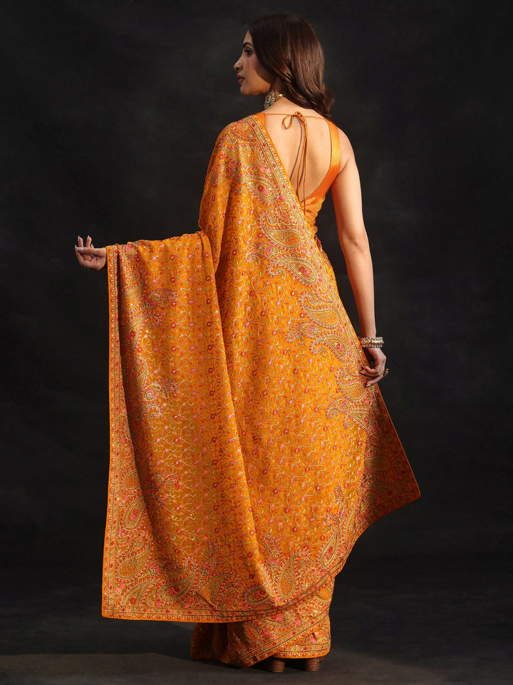 Libas Art Mustard Paisley Embroidered Georgette Saree