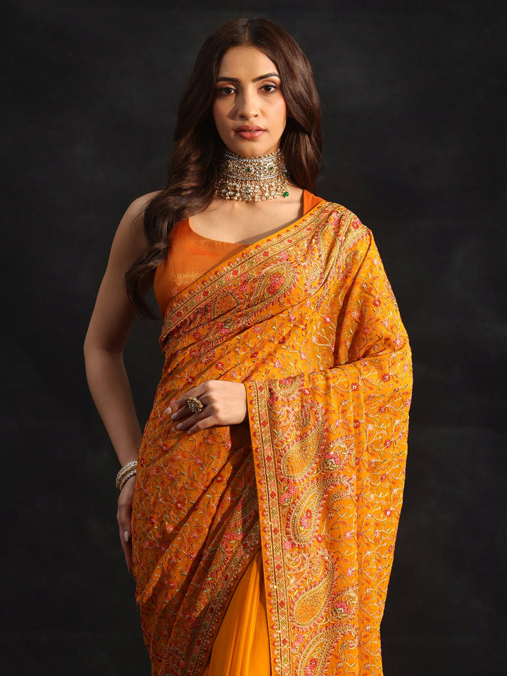 Libas Art Mustard Paisley Embroidered Georgette Saree