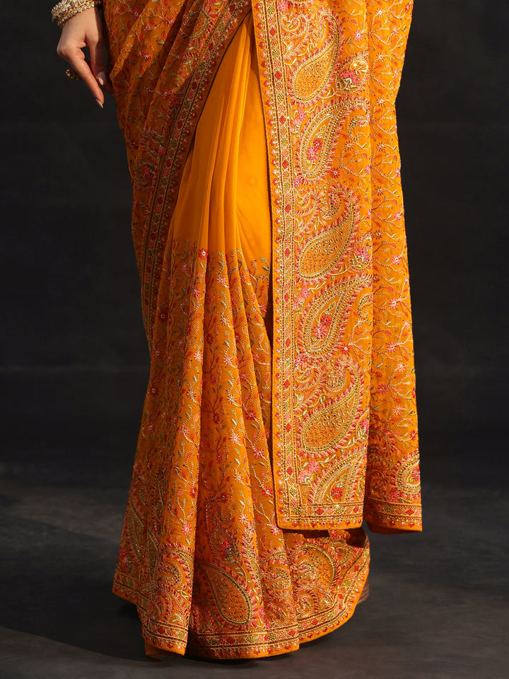 Libas Art Mustard Paisley Embroidered Georgette Saree