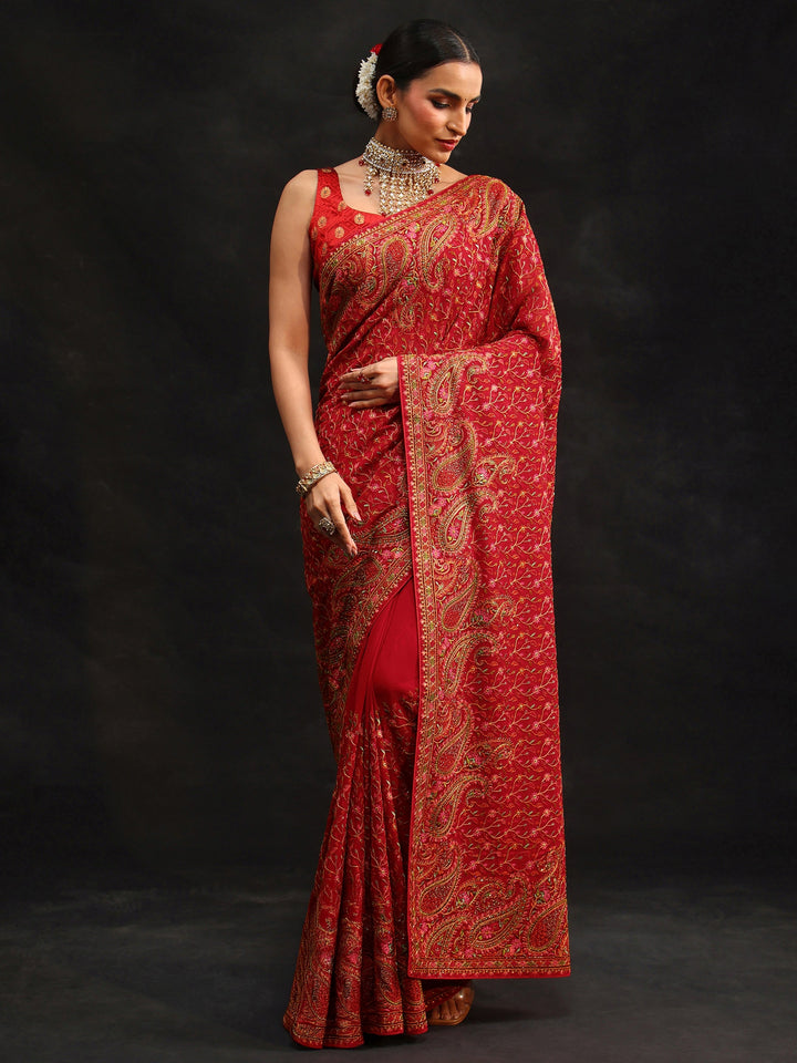 Libas Art Crimson Red Paisley Embroidered Georgette Saree