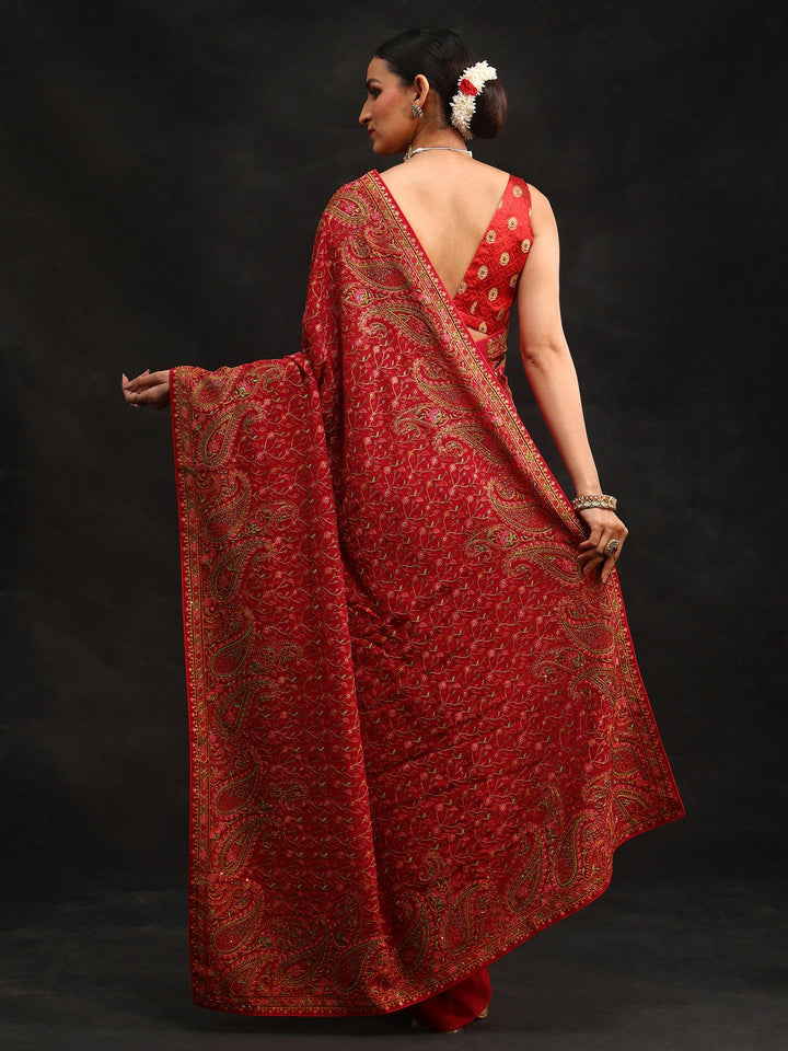 Libas Art Crimson Red Paisley Embroidered Georgette Saree