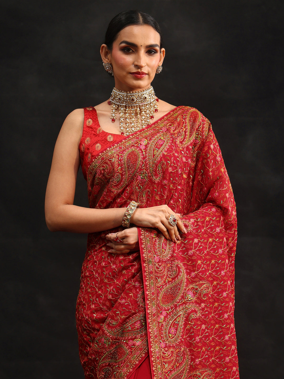 Libas Art Crimson Red Paisley Embroidered Georgette Saree