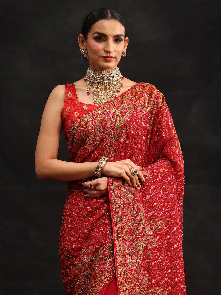Libas Art Crimson Red Paisley Embroidered Georgette Saree