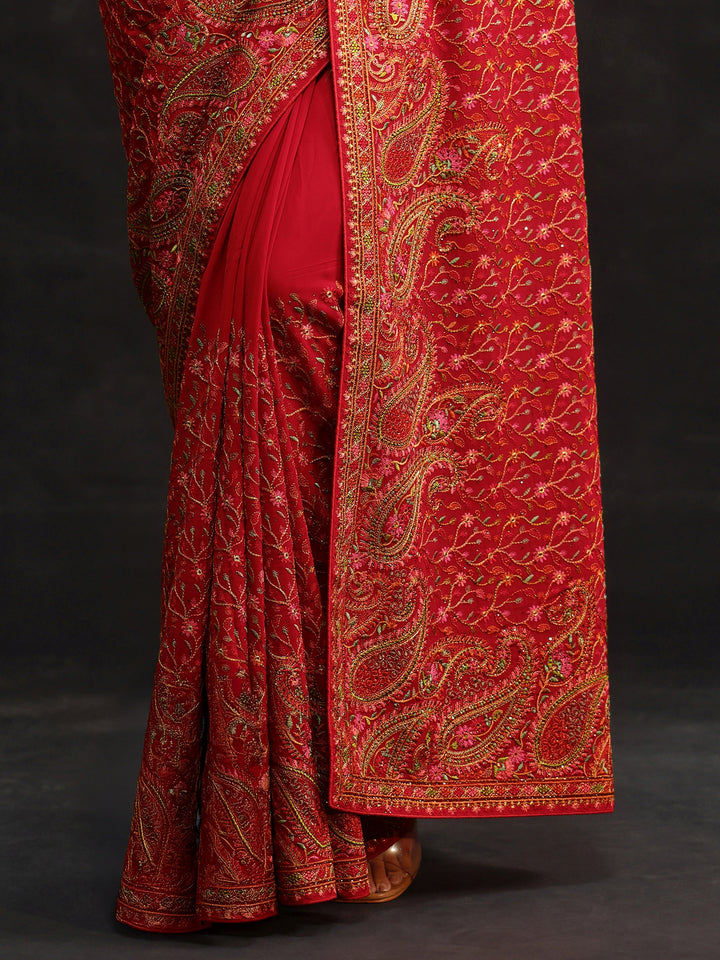 Libas Art Crimson Red Paisley Embroidered Georgette Saree