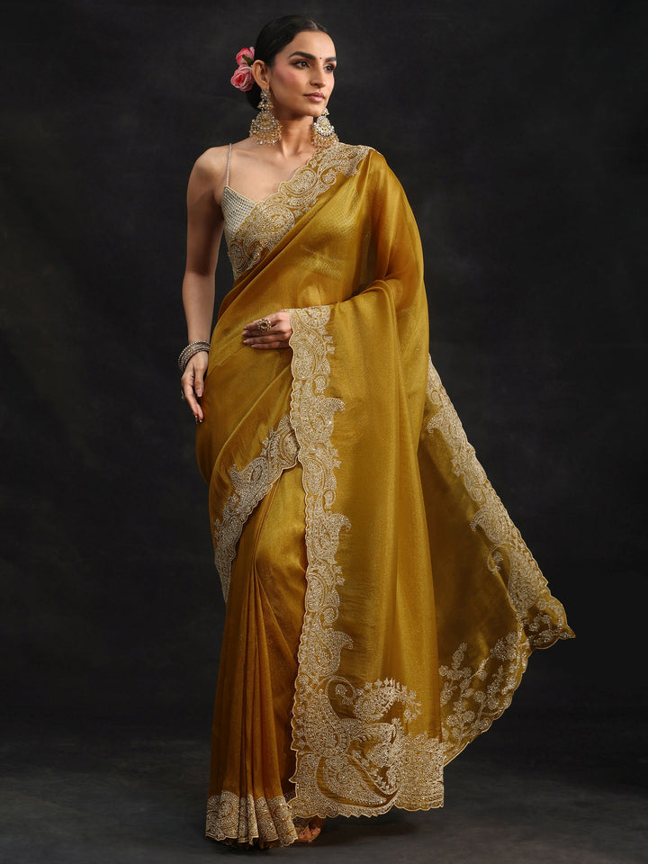 Libas Art Mustard Net Saree with Paisley Border