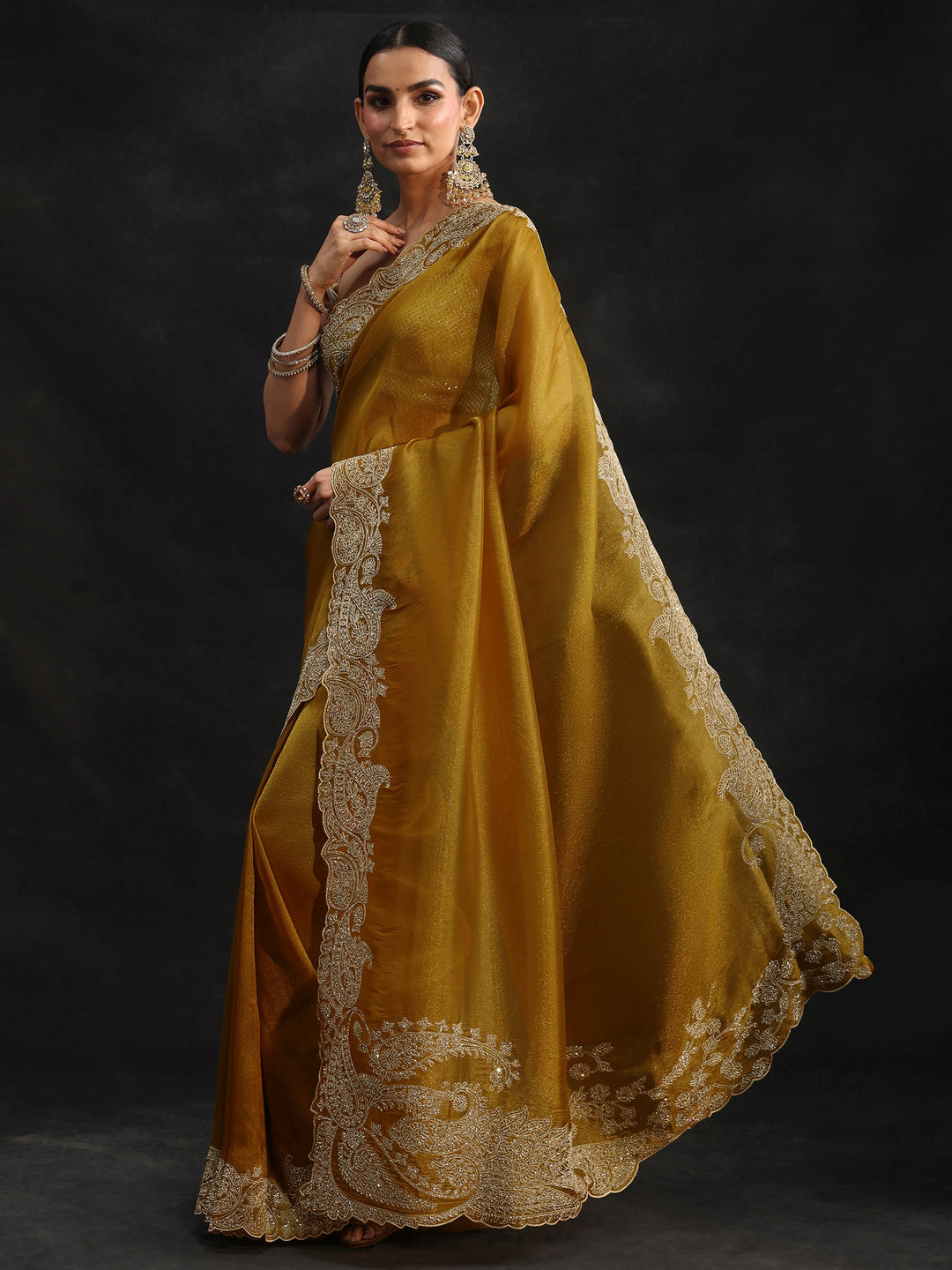 Libas Art Mustard Net Saree with Paisley Border