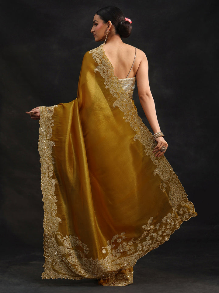Libas Art Mustard Net Saree with Paisley Border