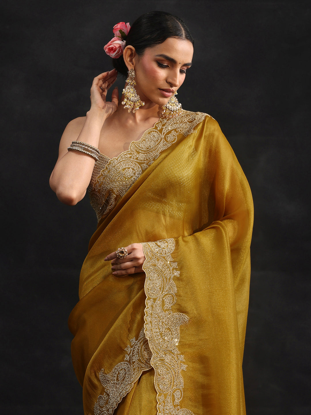Libas Art Mustard Net Saree with Paisley Border