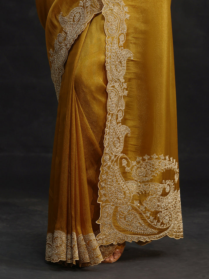 Libas Art Mustard Net Saree with Paisley Border