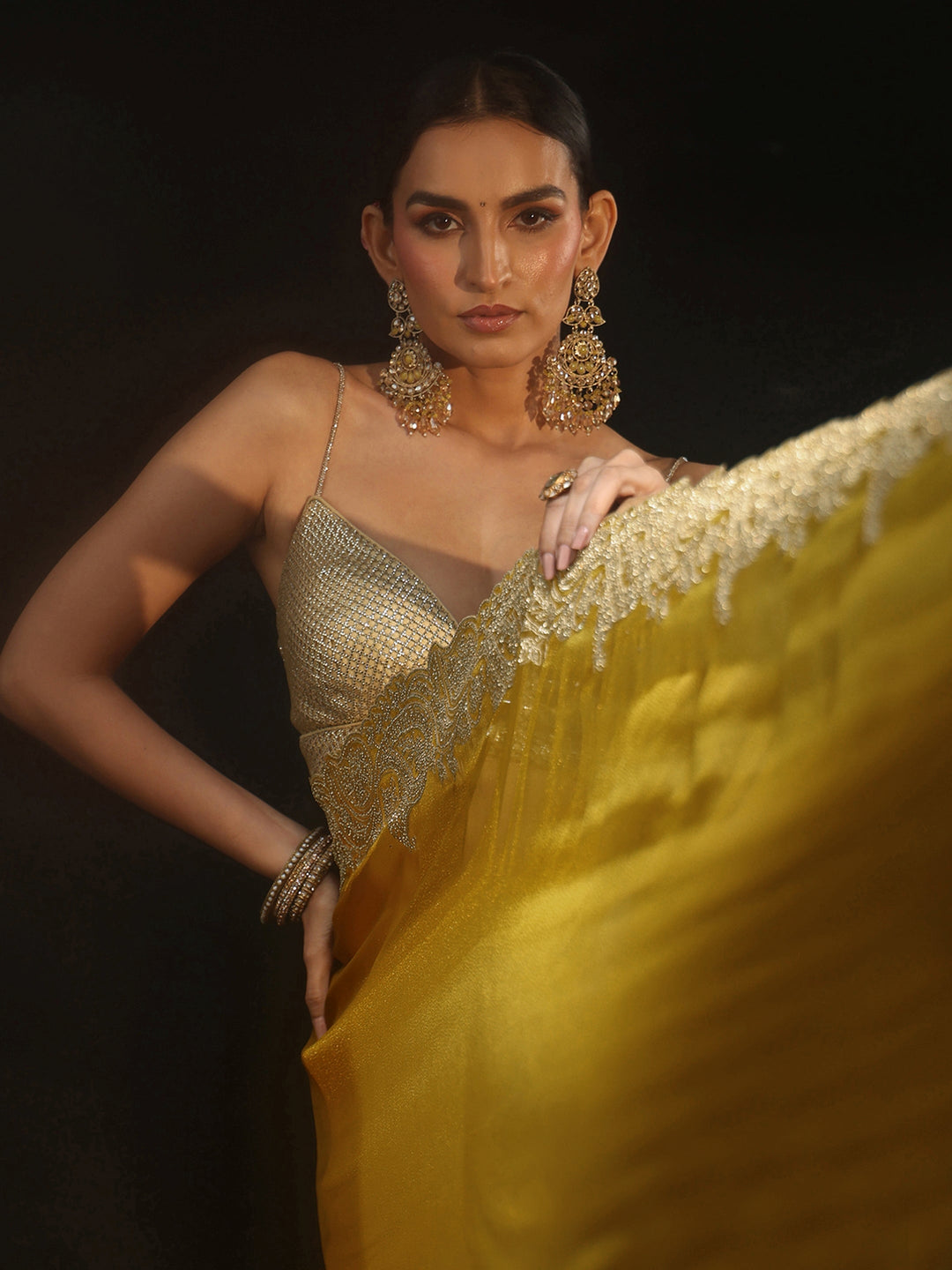 Libas Art Mustard Net Saree with Paisley Border