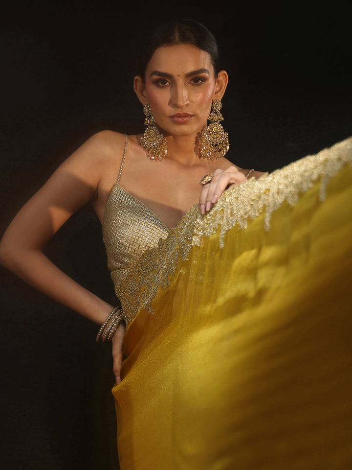 Libas Art Mustard Net Saree with Paisley Border