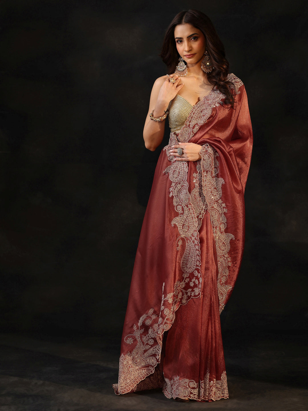 Libas Art Dusty Rose Pink Net Saree with Paisley Border